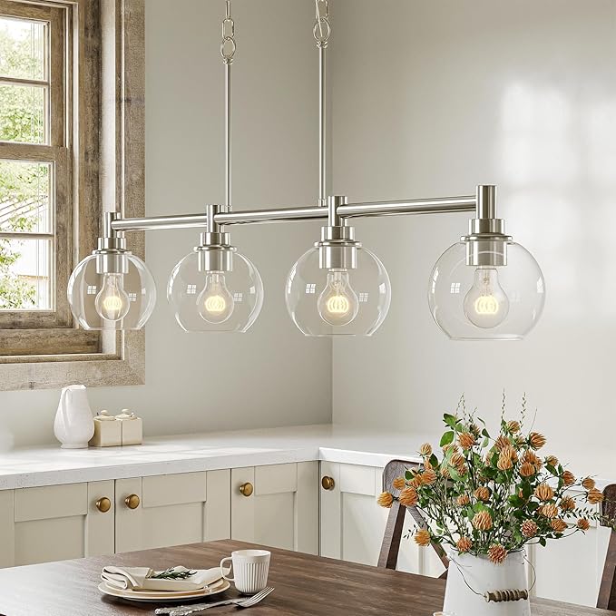 VONLUCE Dining Room Light Fixture Over Table, 4-Light Kitchen Island Lighting with Round Glass Shades & Adjustable Hanging Heights, Linear Chandlier for Dining Room Kitchen, Nickel, ETL Certificated