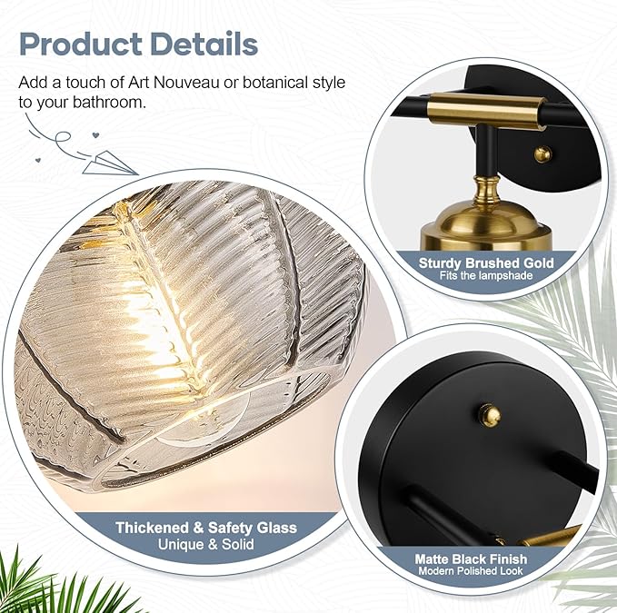 MOKATNG Bathroom Light Fixtures, 3-Light Smokegray Vanity Lights with Unique Leaf Texture Glass Shade, Modern Matte Black and Gold Bathroom Wall Lamp for Mirror Hallway Cabinet Living Room
