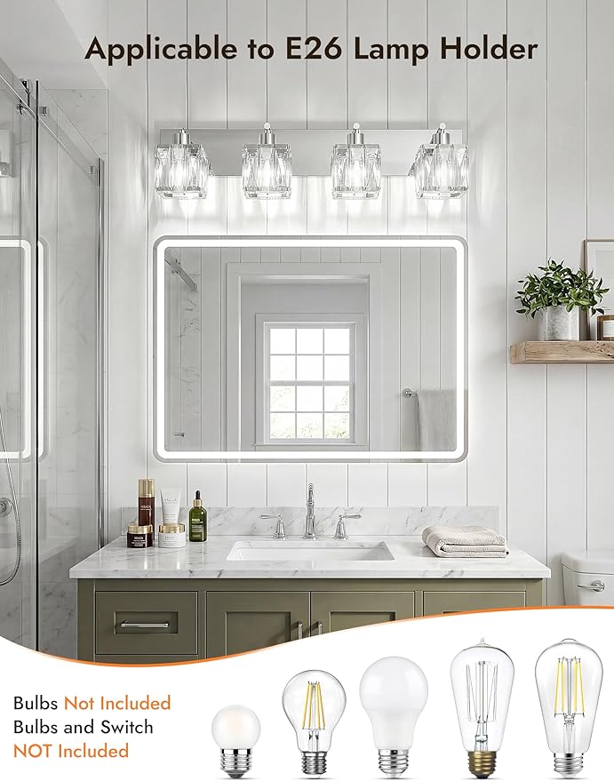 VOLISUN Chrome Bathroom Light Fixtures, Modern Stainless Steel Bathroom Lighting Fixtures Over Mirror, 4 Light Bathrooms Vanity Light, Crystal Vanity Light for Bathrooms-UL Certificated(Exclude Bulb)