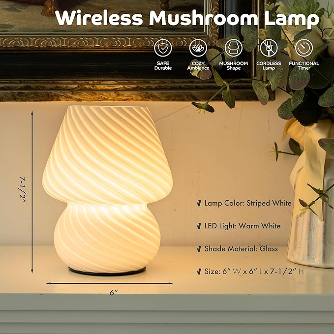 ULAROOM Battery Operated Mushroom Lamp - Vintage Small Table Lamp with Timer, Cordless Bedside Nightstand Lamp, Glass Battery Powered Lamp for Bedroom Kitchen Living Room Shelf Decor Aesthetic White