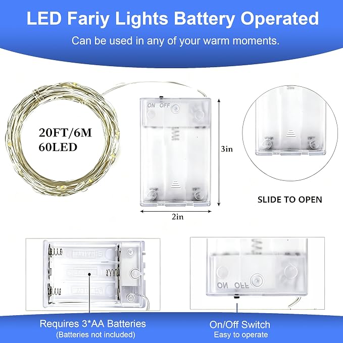 8 Pack LED Fairy Lights Battery Operated 20FT 60 LEDs Silver Wire String Lights Twinkle Lights Starry Fairy Lights for Bedroom Christmas Wedding Party Indoor Outdoor Decorations, Multicolor
