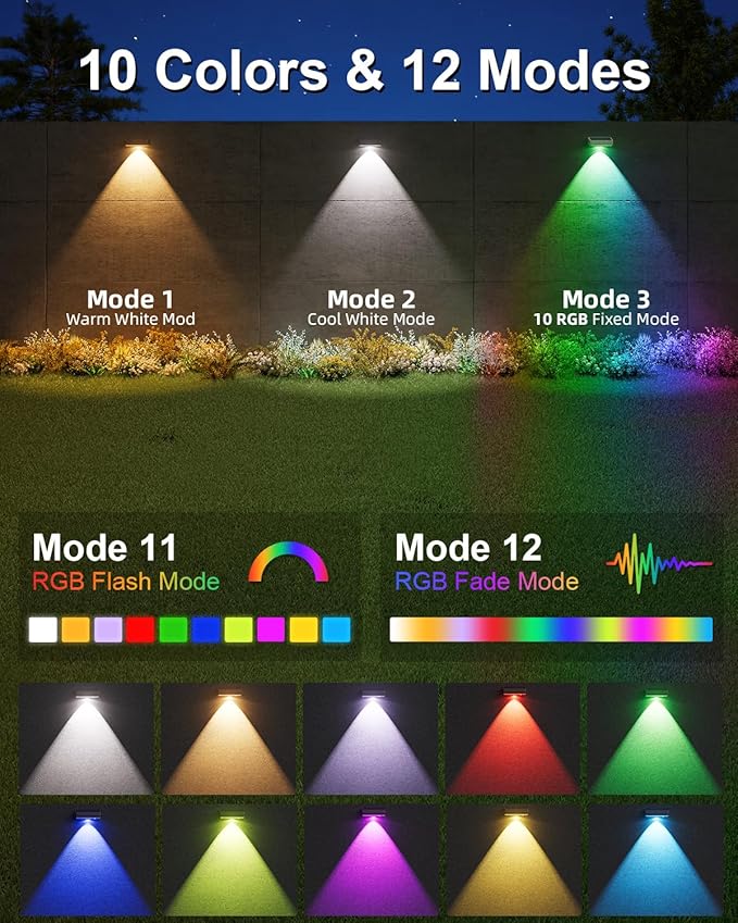 JOFIOS Solar Fence Lights Outdoor, 8 Pack, 50LM Ultra Bright, 3 Color Temperatures & RGB, IP65 Waterproof, Dusk-to-Dawn Solar Powered Fence Lights for Patio, Railing (Black)