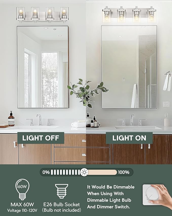 Bathroom Light Fixtures, 4-Light Vanity Light with Square Clear Glass Shade, 25" Brushed Nickel Modern Wall Sconces, Vanity Lighting Fixtures Over Mirror, VL194-BN-4