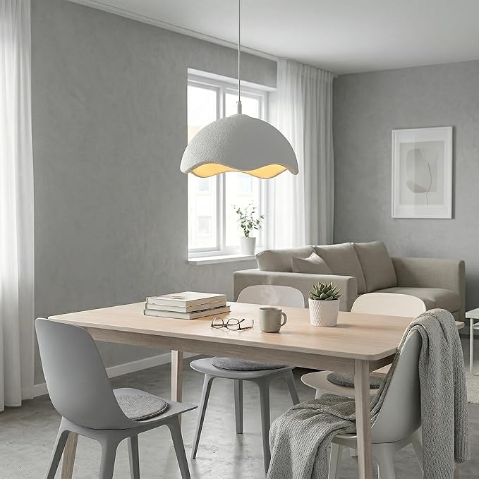 JAYMP 15.7" Modern Pendant Light for Dining Room Kitchen Island Light Hanging Lamp E26 Base Japanese Wabi-Sabi Style Bird Nest Shape Lighting Fixture, 1 Pack (Matte White,D Shape, 40cm/15.7inch)