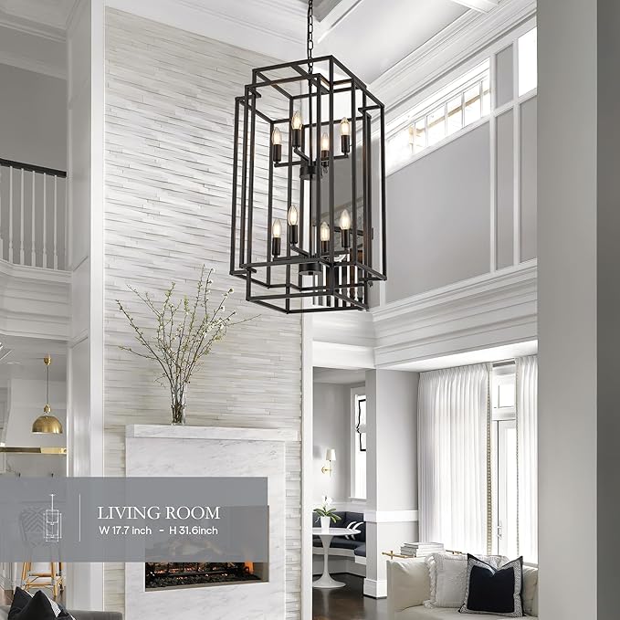 8-Light Lantern Tiered Pendant Light Fixtures, Black Metal Farmhouse Chandelier Hall Foyer Hanging Chandelier for Kitchen Island Dining Room Living Room Foyer Entryway, Black