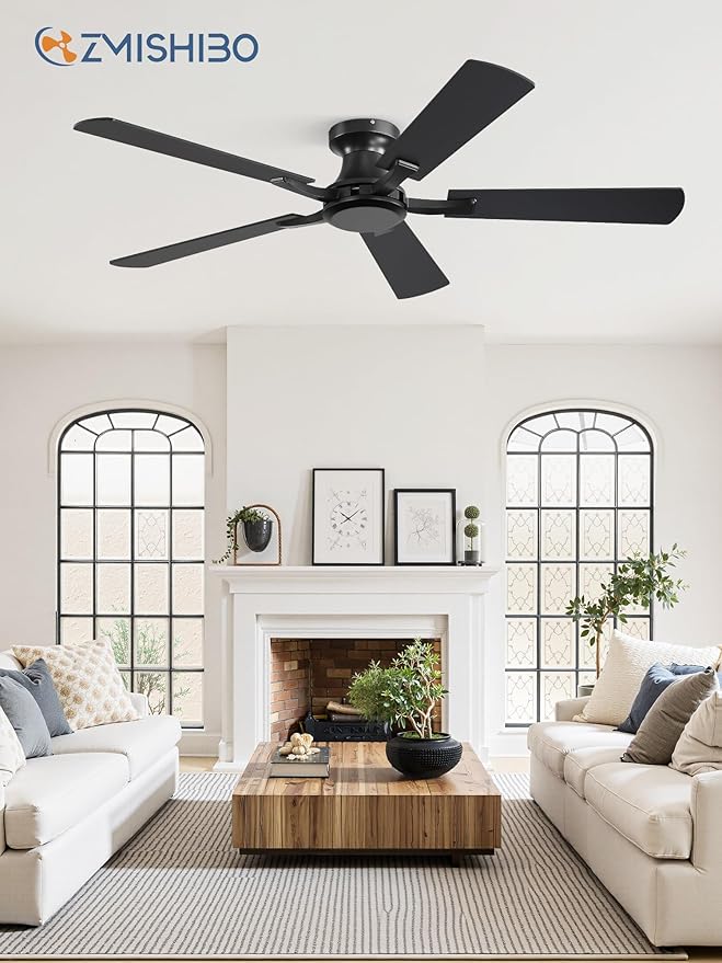 ZMISHIBO 52 Inch Ceiling Fan No Light, Flush Mount Low Profile, Modern Black Ceiling Fan Without Light, Remote Control & Quiet DC Motor, for Indoor&Outdoor, Bedroom, Living Room
