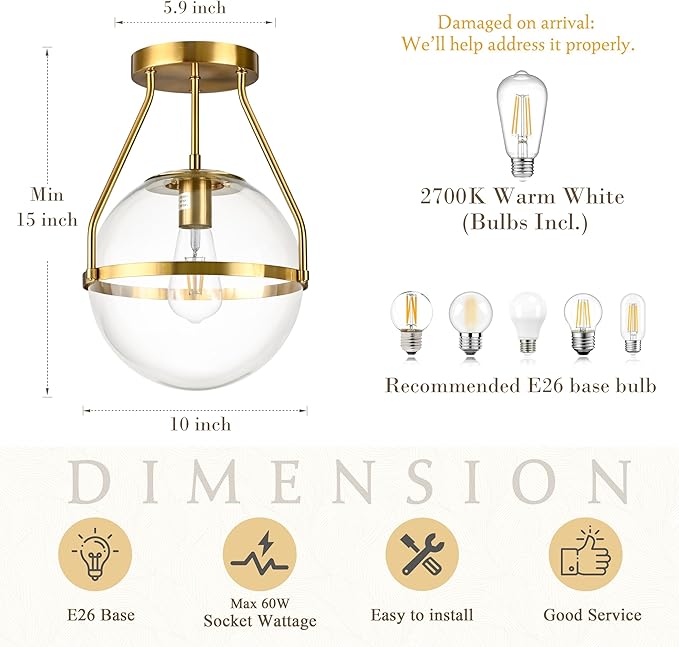Bagood 10" Semi Flush Mount Ceiling Light with Clear Glass Shade Mid Century Ceiling Light Modern Gold Globe Semi Flush Mount Ceiling Light Fixture for Bedroom Hallway Bathroom Foyer (Bulb Incl.)