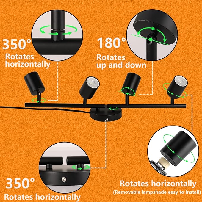 Plug in Track Lighting Kit, 80cm LED 4 Light Kitchen Track Lighting, Corded Wall Light with 16.4ft Cord, 4 Way Ceiling Spot Lighting Flexibly Rotatable Head Includes 4 x GU10 Bulb (4-Black-80cm)