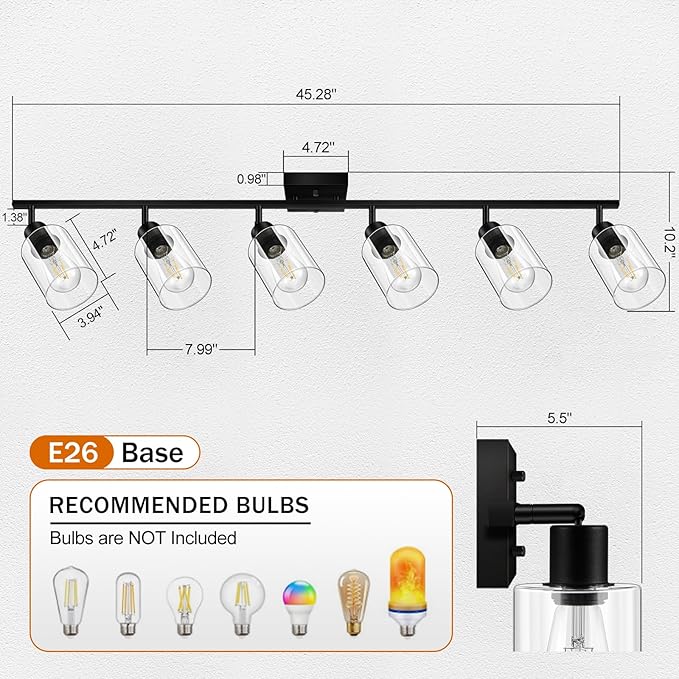 Track Lighting Fixtures Ceiling, 6-Light Track Light with Clear Glass Shade, 45" Modern Kitchen Lighting Ceiling with Rotatable Track Head, Black Wall Light for Vanity Hallway Bedroom(E26, No Bulb)