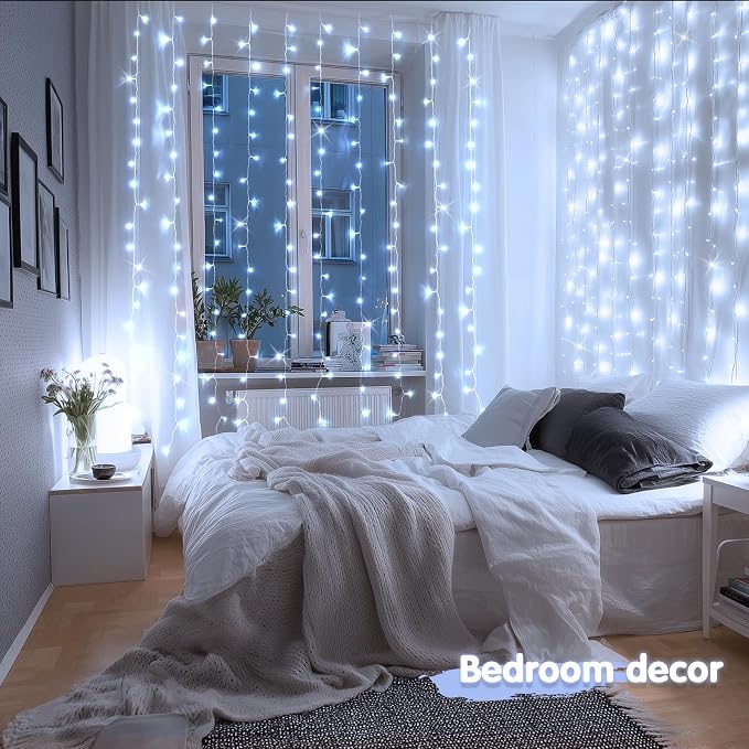 JMEXSUSS 200 LED White Curtain Lights, 6.5ft x 6.5ft White Christmas Lights with Remote, 8 Modes Curtain Hanging String Lights USB Powered for Bedroom Wall Wedding Party Backdrop Window Decor