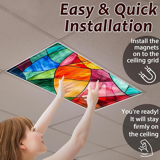 4 Pcs Fluorescent Light Covers for Classroom Ceiling Light 4 x 2 Feet Decorative Magnetic Lights Cover Filters Easy Install for School Office Home Hospitals Drop Ceiling Supplies (Retro Stained Glass)