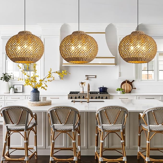 Farmhouse Rattan Chandelier 17” Boho Natural Seagrass Hanging Pendant Lights 3-Lights Hand-Woven Wicker Dining Room Light Fixture for Kitchen Island Entry Living Room Bedroom Hallway