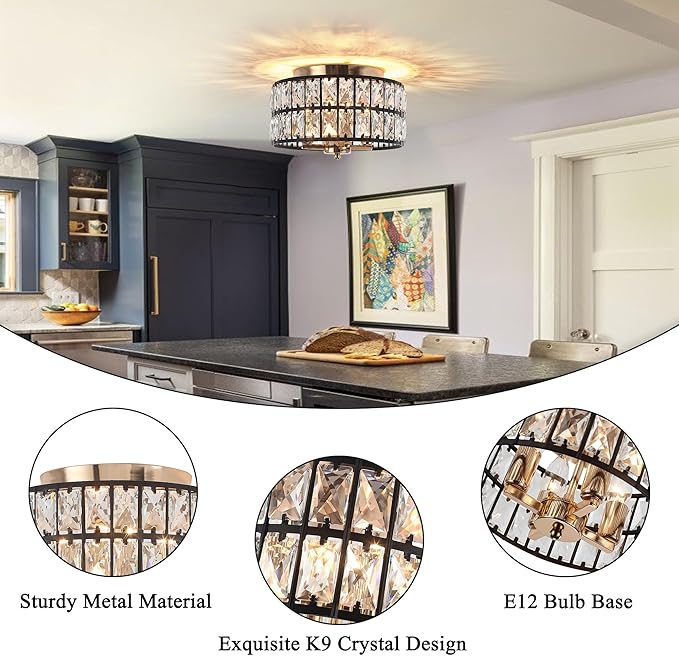 Black Gold Crystal Ceiling Light, 4-Light 11.2 Inch Modern Flush Mount Chandelier, Crystal Flush Mount Ceiling Light Fixture for Bedroom, Kitchen, Living Room, Dining Room, Hallway, Entryway