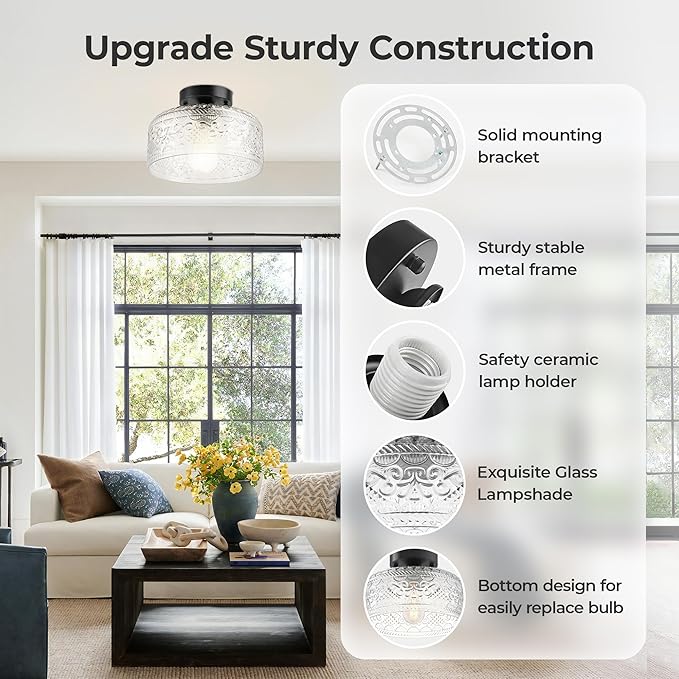 Semi Flush Mount Ceiling Light Black, Upgraded Larger Vintage Glass Pendant Lamp Shade, Modern Farmhouse Light Fixture for Hallway Corridor Kitchen Entryway Bedroom, Bulb Not Included