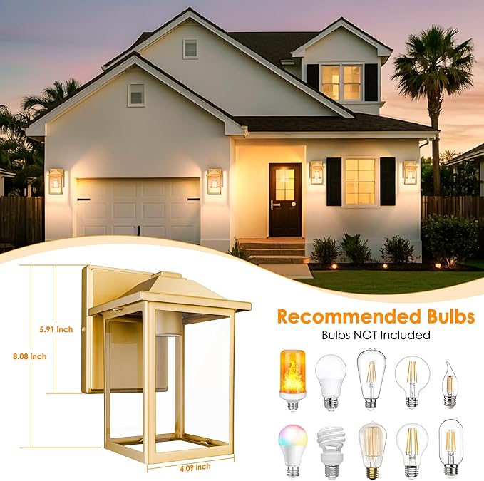 MATAMEYE Outdoor Wall Lantern, Exterior Waterproof Wall Sconce Light Fixture, Gold Front Door Mounted Lighting with Glass, Anti-Rust Porch Lamp