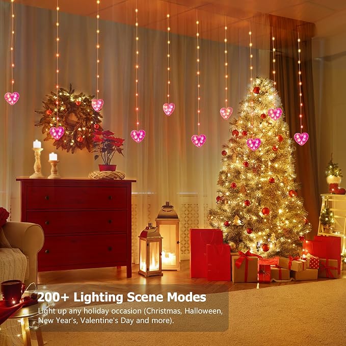 Heart Curtain Lights Valentines Day Decor, 10ft x 3.3ft RGB LED Color Changing String Fairy Lights Curtain, 200+ Scene Modes for Valentines Day Decorations Bedroom Backdrop Indoor Outdoor