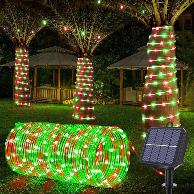 Jnaurb Solar Rope Lights, 66ft 200LED Solar String Lights, 8 Modes Waterproof Solar Outdoor Light, Flexible Clear Trampoline Light for Garden Backyard Patio Deck Porch Pool Tree Decor - Red & Green