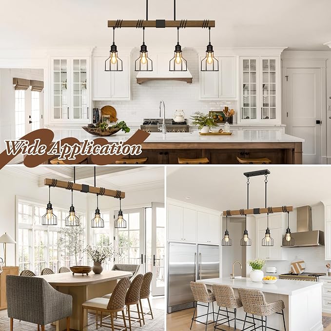 4-Light Kitchen Island Lighting, 63" Adjustable Height Pendant Light Fixtures Black Metal & Rustic Wood Modern Dining Room Chandelier Over Table with E26 Base for Farmhouse Bar