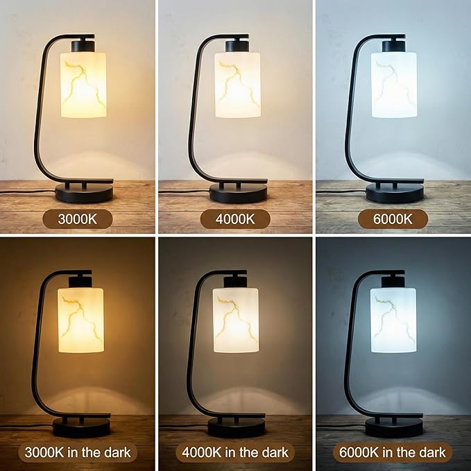 Modern Industrial Table Lamp, Marble Pattern Glass Shade Desk Lamp with C-Shaped Black Metal Base, Bedside Nightstand Lamp for Bedroom, Living Room, Office, E26 Base