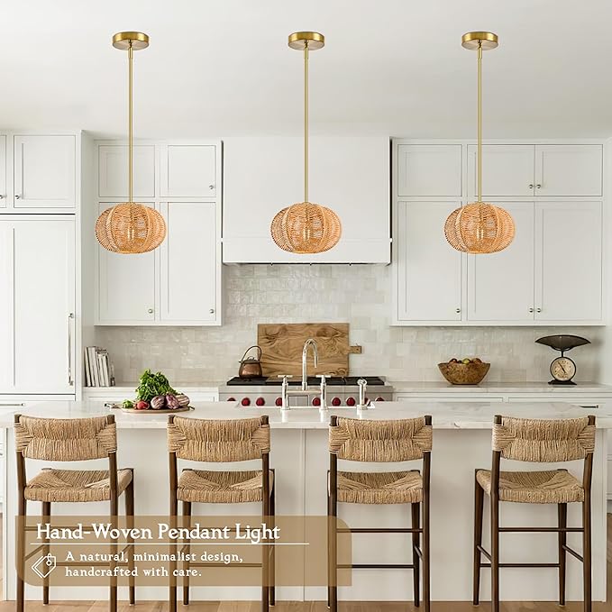 Mini Rattan Pendant Light Hemp Rope Rattan Light Fixture Woven Pendant Wicker Chandelier Boho Chandelier for Bedroom Kitchen Island