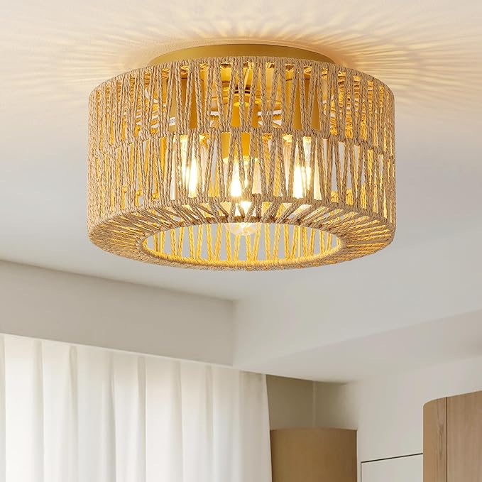 12.6”Rattan Flush Mount Ceiling Light Fixtures, 3-Light Boho Light Fixture Rattan Hand-Woven Chandelier Close to Ceiling Light Fixture for Bedroom Hallway Kitchen Dining Room Nursery(Brown)