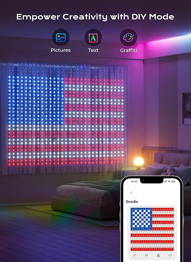 400 RGBIC LEDs Smart Curtain Lights with DIY GIF, 6.6x6.6ft Color Changing Holiday Wall Lights with APP, IP65 Waterproof Christmas String Fairy Lights for Indoor Outdoor Bedroom Window