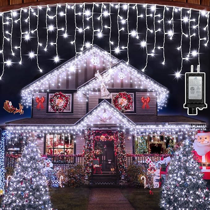 612 LED 60FT Christmas Lights with 136 Drops, 12 Modes Dimmable Cool White Outdoor Hanging Lights with Timer Memory, Waterproof Curtain Lights for Home Bedroom Indoor Tree Window Roof Fence Wedding