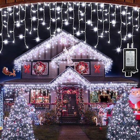 612 LED 60FT Christmas Lights with 136 Drops, 12 Modes Dimmable Cool White Outdoor Hanging Lights with Timer Memory, Waterproof Curtain Lights for Home Bedroom Indoor Tree Window Roof Fence Wedding