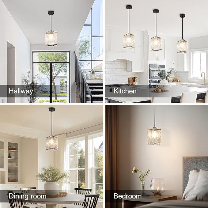 Water Ripple Glass Pendant Lights Black Pendant Lights Kitchen Island Adjustable Modern Hanging Pendant Light Fixtures for Sink Kitchen Dining Room Foyer Entryway, 2 Pack