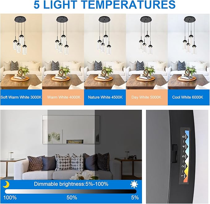MELUCEE 4-Light Dimmable LED Pendant Light Dining Room Light Fixture Over Table Black Chandelier, 3000K-6000K Adjustable Color Temperature Island Lights with Clear Glass Shade