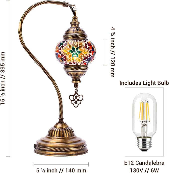 Turkish Moroccan Mosaic Table Lamp - Tiffany Handmade Colorful Mosaic Lamp, Decorative Glass Antique Bohemian Vintage Lamp Shade, Swan Neck Bedside and Table Desk Lamp,15 ½ inch