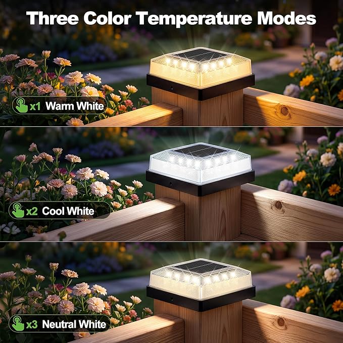 Brightever 3.5x3.5 4x4 Solar Post Cap Light Outdoor, 6-Pack Fence Post Solar Lights for Wooden/Vinyl Posts, 3 Lighting Modes, Solar Powered Waterproof Deck Post Lights for Garden Patio, Black