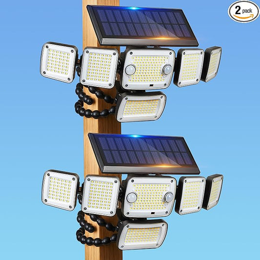 Motion Sensor Outdoor Lights with Flexible Octopus Tripod,5000LM 336LED Security Flood Lights with Remote Control, 360°Wide Angle, 6 Heads Solar Lights Outdoor Waterproof for Yard Patio Garage(2pack)