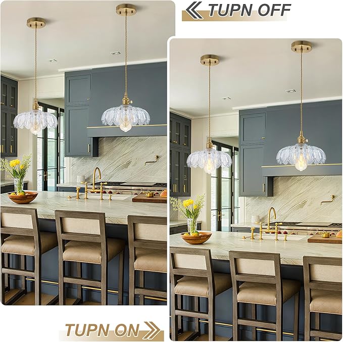 EDSILIVE Vintage Flower Glass Pendant Lights Kitchen Island 9.84" Antique Flower Clear Glass Hanging Ceiling Light Fixture with Adjustable Brass Twine Wire for Dining Room Kitchen Table, Gold Clear