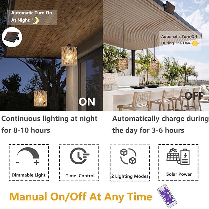 Outdoor Solar Chandelier Indoor Gazebo Lights Waterproof Pendant Hanging Light for Pergola Porch Patio Decor Boho Rattan Lampshade Farmhouse Shed USB Powered Accessories Dimmable Remote