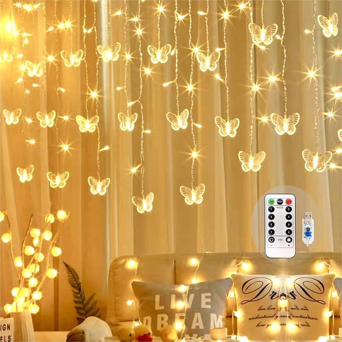 Butterfly Curtain Fairy Lights USB Plug in,8 Modes 120 LED 19.7FT Firefly Twinkle Timer String Lights with Remote, Waterproof Copper Wire for Bedroom Patio Christmas Wedding Party Dorm(Warm White)