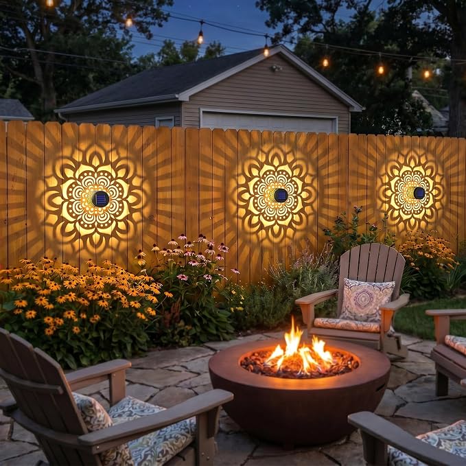 Solar Fence Lights 2 Pack Outdoor Deck Step Wall Lights Metal Waterproof LED Warm Yellow Light for Garden Post Patio Backyard Yard Decor (Mandala-1, 2)
