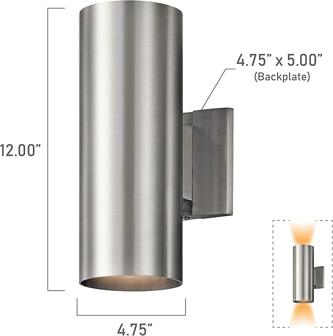 Kichler Cylinders 12" 2-Light Cylinder Outdoor Wall Sconce in Brushed Aluminum, (12" H x 4.75" W), 9244BA