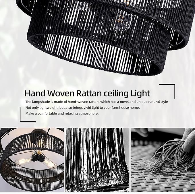 Black Boho Light Fixtures Ceiling Mount 18'' Coastal Hemp Rope Semi Flush Mount Ceiling Light Fixture 3-Light Rattan Light Fixtures with 2-Tier Drum Shade for Dining Room Kitchen Entry