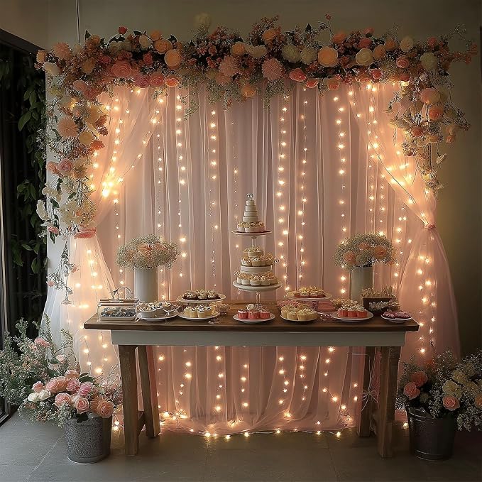 Champagne Tulle Backdrop Curtain with Lights String10x8ft Sheer Drapes for Wedding, Birthday, Baby Shower, Bridal Shower, Photo Booth, Party, Home Decor (2 Panels)