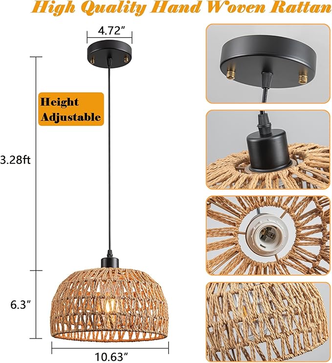 Battery Operated Pendant Light with Remote,Battery Hanging Light Rattan Woven Chandelier No Wiring Needed,Rechargeable Light Bulb 50+Hours Continue Use,Perfect for Kitchen Islands Ceiling Lighting
