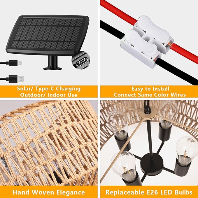 Outdoor Solar Chandelier, 4-Light 20" Rattan Outdoor Chandelier, Hanging Waterproof Pendant Lights, for Gazebo, Porch, Patio, Pergola