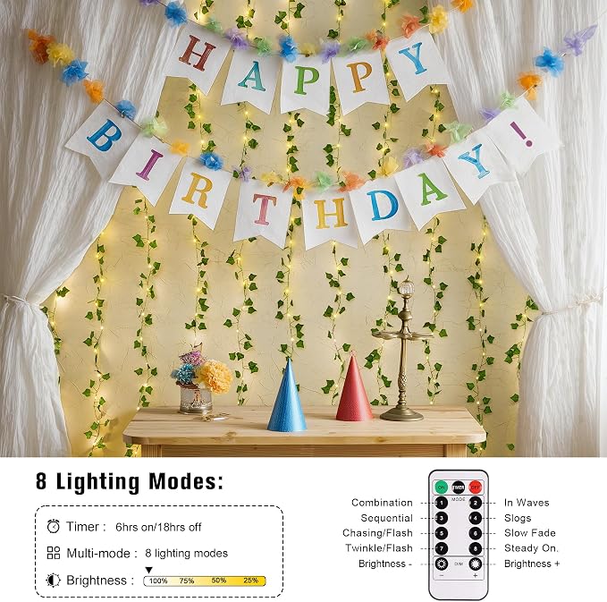 JMEXSUSS Vines Lights for Bedroom, 200 LED Vines Fairy Lights, Artificial Ivy Leaf Light for Wall Curtain Wedding Party Christmas Indoor Decor, 6.5ft x 6.5ft with Remote (Pack of 2)