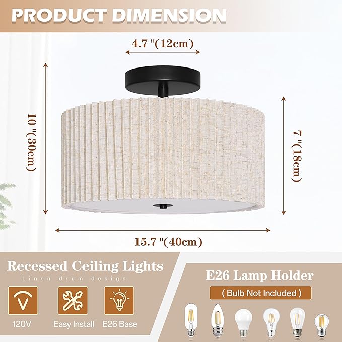 Bagood 3-Light Semi Flush Mount Ceiling Lights Fixture 16 Inch Drum Light Fixture Drum Ceiling Lights with Pleated Fabric Shade Black Close to Light Fixtures for Hallway Living Room