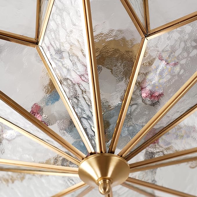 Brass Flush Mount Ceiling Light with Ceramic Light Socket, Star Shaped Ceiling Light Fixture, Mid Century Glass Ceiling Mount Lamp for Bedroom, Living Room Dining Room (Rippled Glass, 23.6")