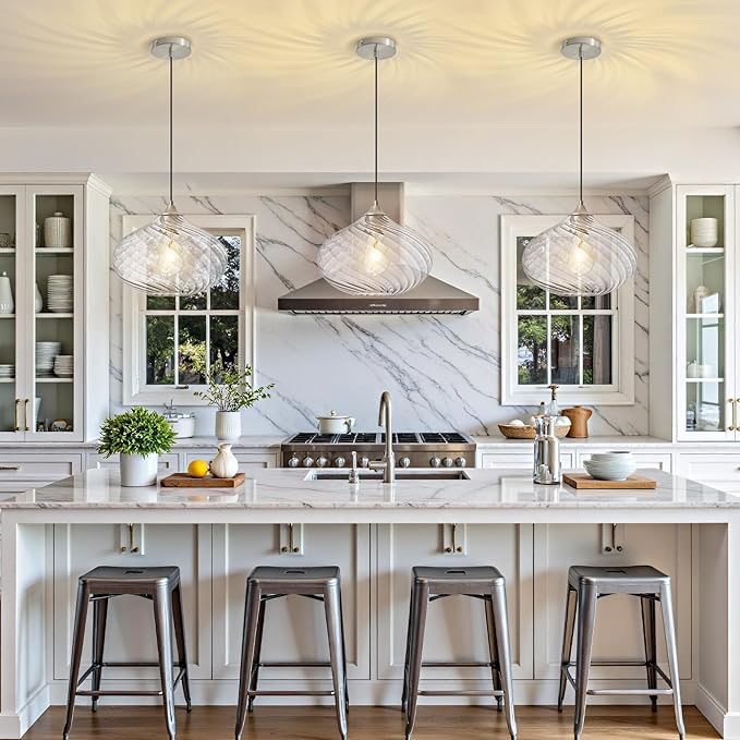 Glass Pendant Lights Kitchen Island, 11'' Brushed Nickel Pendant Lighting Fixtures, Modern Hanging Ceiling Light With Striped Clear Glass Shade for Farmhouse Dining Room Bedroom Hallway(1 Pack)