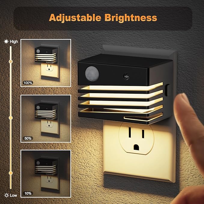 JandCase Motion Sensor Night Light, [2 Pack] Night Lights Plug into Wall, Dusk to Dawn & Motion Sensor, 3 Level Brightness Dimmable Plug in Night Light, 3000K Nightlight for Bedroom Bathroom Hallway
