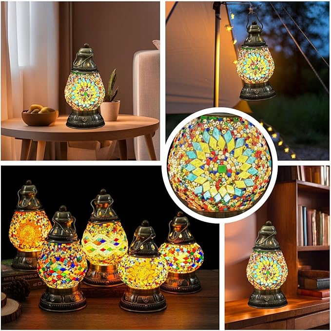 Turkish Mosaic Table Lamp Handmade Moroccan Camping Light Rechargeable 1800mAh Battery USB Touch Switch 3 Brightness Levels for Camping Home Decor