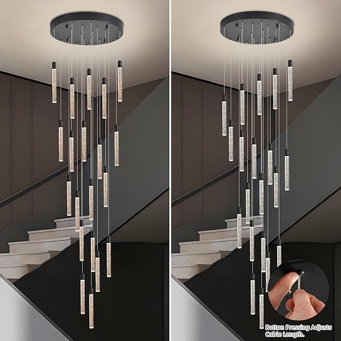 20-Light Black High Ceiling Chandeliers Modern Crystal Chandeliers for Entryway Long Spiral LED Dimmable Chandelier Flush Mount Ceiling Staircase Foyer Living Room Ceilings Light Fixture