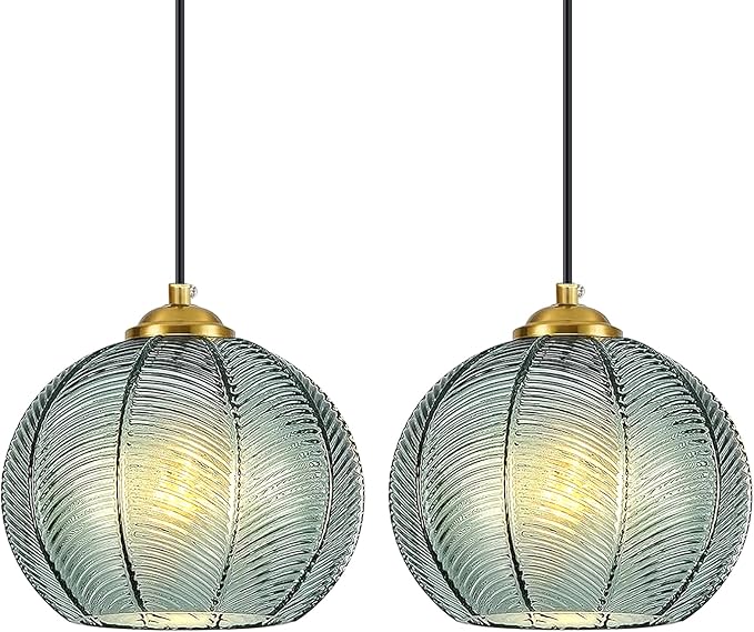Mikeru 2-Pack Mint Glass Pendant Lights Kitchen Island Lighting Single Globe Pendant Light Fixtures Century Modern Kitchen Island Pendant Lighting for Bedroom Living Dining Room Light (Without Bulbs)